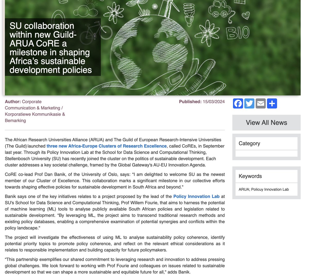 🌍 Excited to announce a milestone for our #AfricaEuropeCORE! @StellenboschUni joins our Cluster of Research Excellence on the politics of sustainable development.🌱 We're harnessing machine learning to #sustdev policies. 🤝✨ @guildeu @ARUA_News

t.ly/84jmO