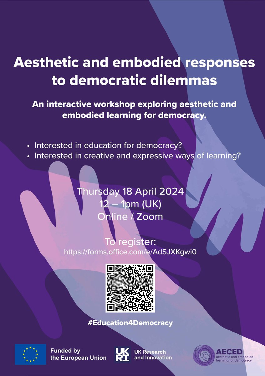 We're thrilled to be hosting this interactive online event in collaboration with our #HorizonEurope 'sister' projects 

Register your interest here lnkd.in/eqhGuuJN
or by using the QR code below.

#aestheticlearning
#embodiedlearning
#Education4Democracy