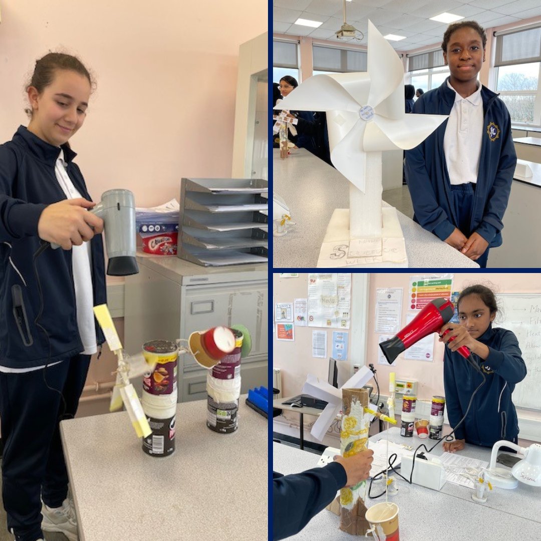 As part of #BritishScienceWeek, yr 8 were challenged to design a wind turbine which could lift a paper cup when a hair dryer was blown on it. The challenge was concluded with a winner, Alaa, and runner up, Irepoayo.  All the girls took part with a lot of enthusiasm and ingenuity.