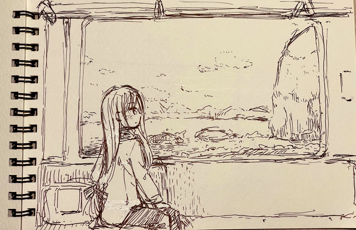 おまけ…小樽〜札幌の車窓がオーシャンビューすぎてとてもすきなので電車の中で描いてみたらくがき 