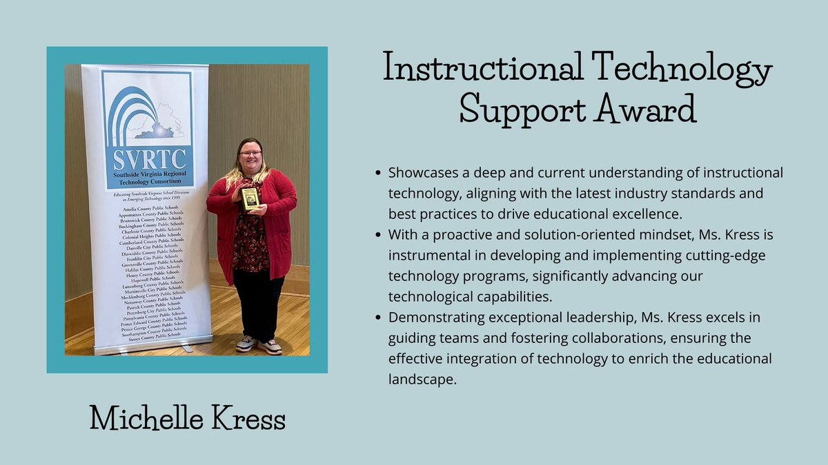 Southside Virginia Regional Technology Consortium (@svrtc25) on Twitter photo Congratulations Michelle Kress | SVRTC Instructional Technology Support Award - Prince Edward County Public Schools <a href="/ITTIPSTEM/">Longwood ITTIP</a> <a href="/PrinceEdwardSch/">Prince Edward</a> #ITTIP #svrtc25 Congratulations Michelle Kress | SVRTC Instructional Technology Support Award - Prince Edward County Public Schools <a href="/ITTIPSTEM/">Longwood ITTIP</a> <a href="/PrinceEdwardSch/">Prince Edward</a> #ITTIP #svrtc25