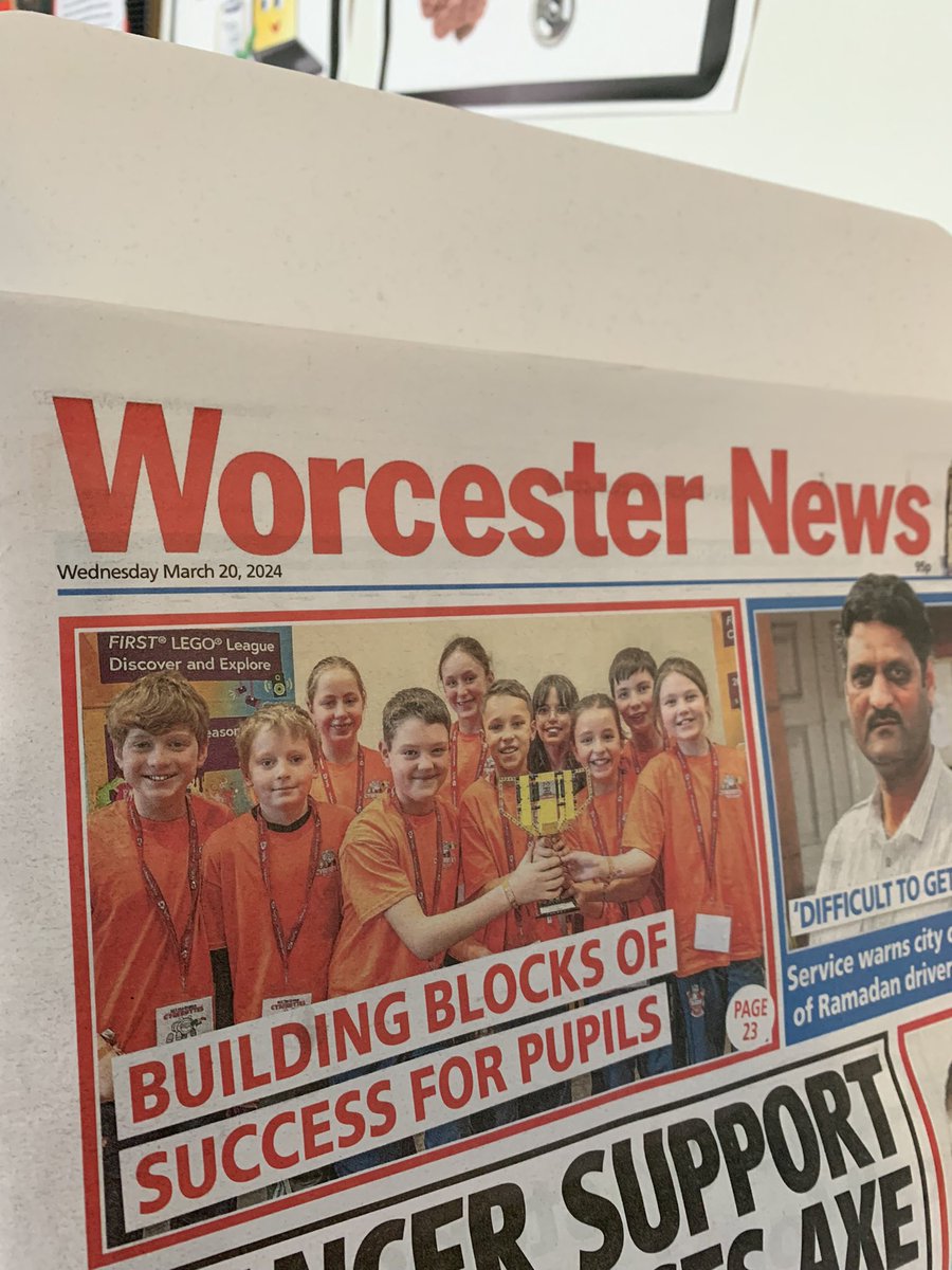 Fantastic to see the @RGSTheGrange Digital Leaders on the front page of the @worcesternews for their amazing exploits at the Lego League competition Next streps = National Finals 👊 @FLLUK #LegoLeague #robotics #stem @LEGO_Group #lego
