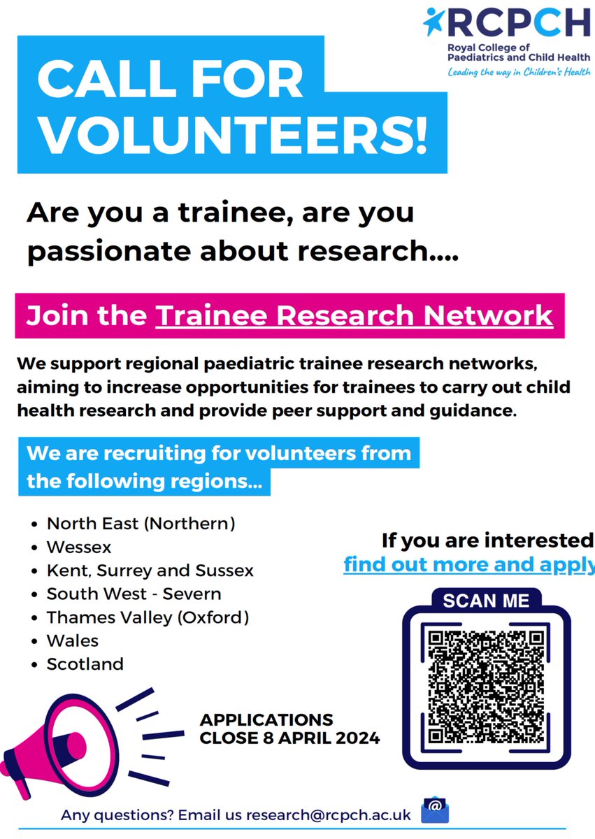 RCPCH is looking for a Scottish representative for the national trainee research network. Great opportunity and open to all those enthusiastic about research- no academic experience required. @DrFionaMcQuaid is happy to discuss her time as the Scottish rep if you'd like more info