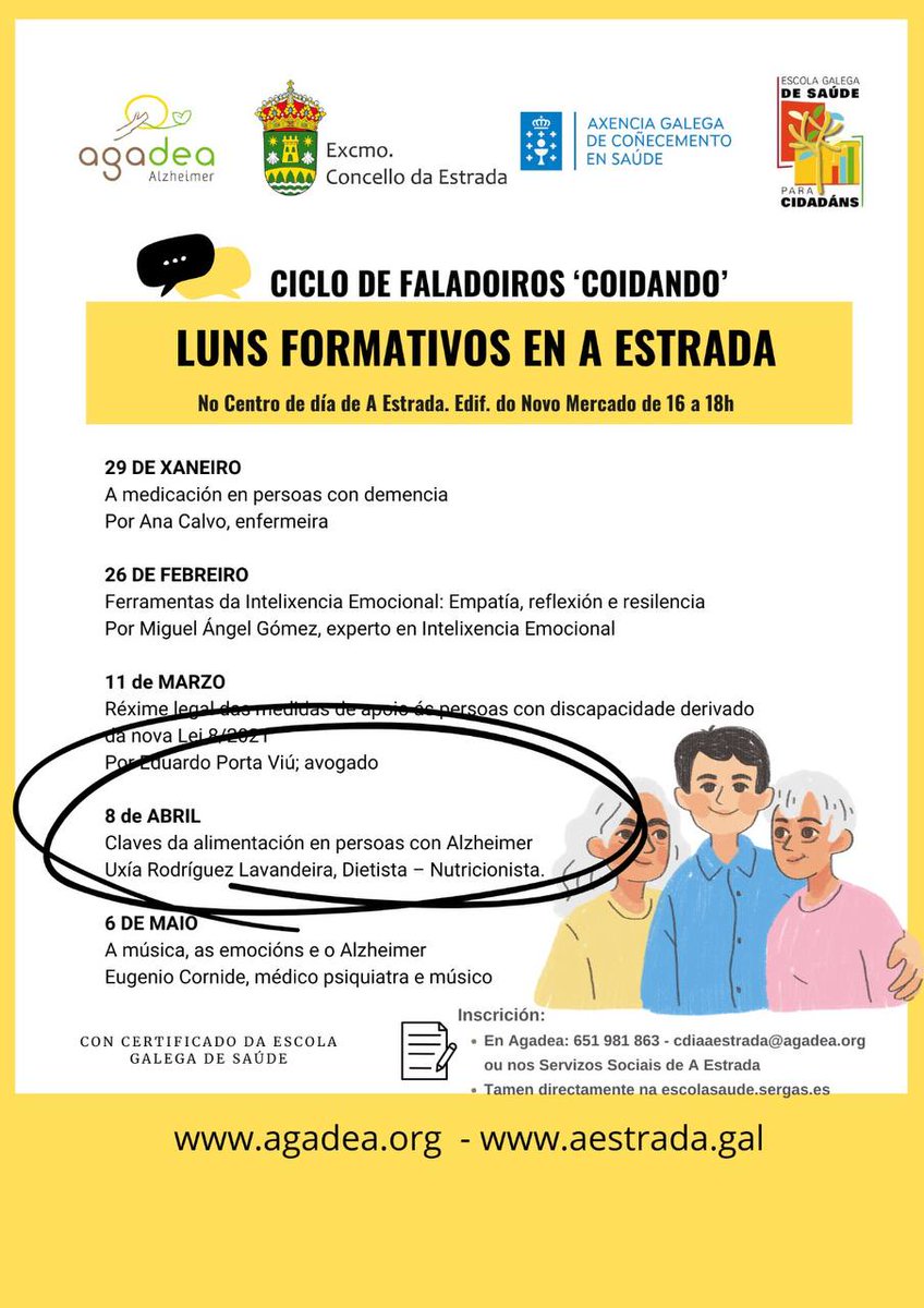 Concello da Estrada (@c_aestrada) on Twitter photo 🥣 Uxía Rodríguez, nutricionista, impartirá o 8 de abril un faladoiro sobre a alimentación no alzhéimer, organizado por <a href="/agadealzheimer/">AGADEA Alzheimer</a> e a Escola Galega de Saúde.
📝 Terá lugar no seu centro do día, onde vos podedes inscribir, ademais de en 🔗 acortar.link/mYxFBs. 🥣 Uxía Rodríguez, nutricionista, impartirá o 8 de abril un faladoiro sobre a alimentación no alzhéimer, organizado por <a href="/agadealzheimer/">AGADEA Alzheimer</a> e a Escola Galega de Saúde.
📝 Terá lugar no seu centro do día, onde vos podedes inscribir, ademais de en 🔗 acortar.link/mYxFBs.