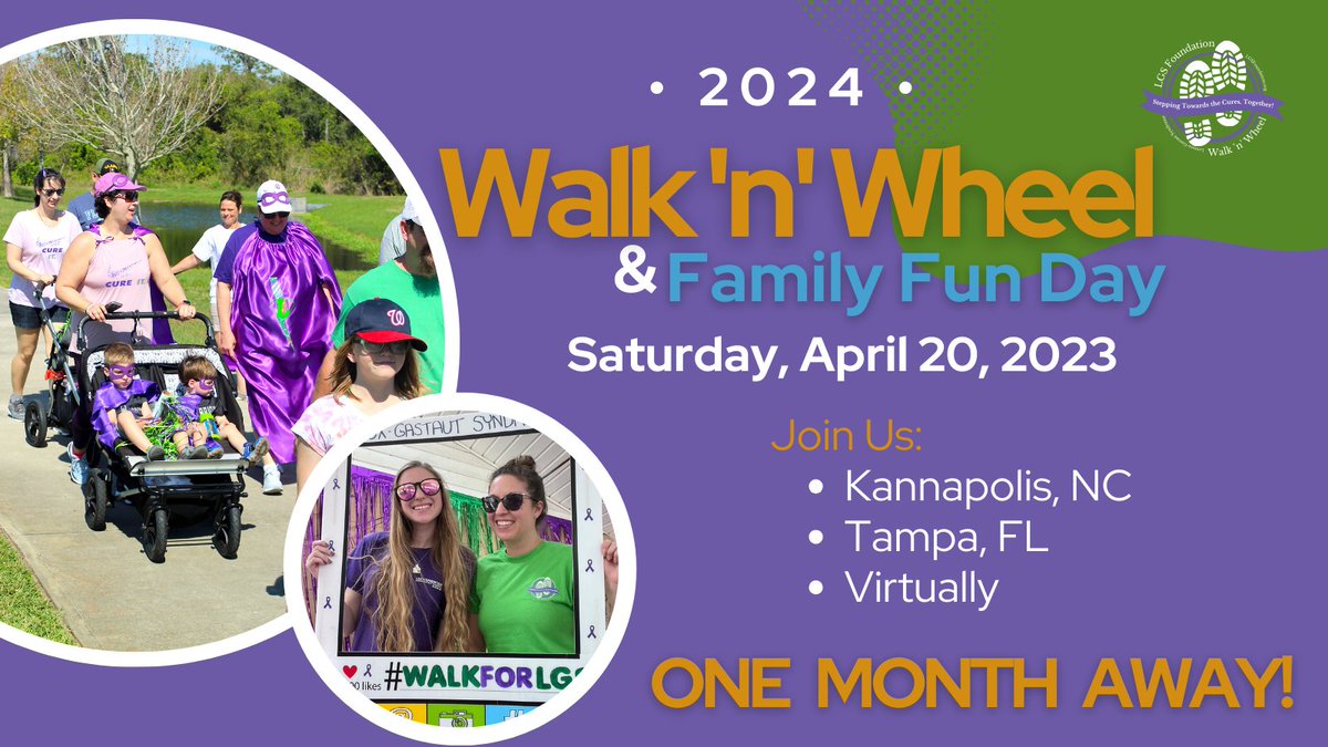 The 9th Annual Walk ‘n’ Wheel for LGS Research is just ONE MONTH away! 📆 Join us on Saturday, April 20, 2024: 📍Kannapolis, NC 📍Tampa, FL 📍Virtually 🚨Sign up today to secure your t-shirt – available for both in-person and virtual attendees! 🔗 lgsfoundation.org/walk-n-wheel-f…