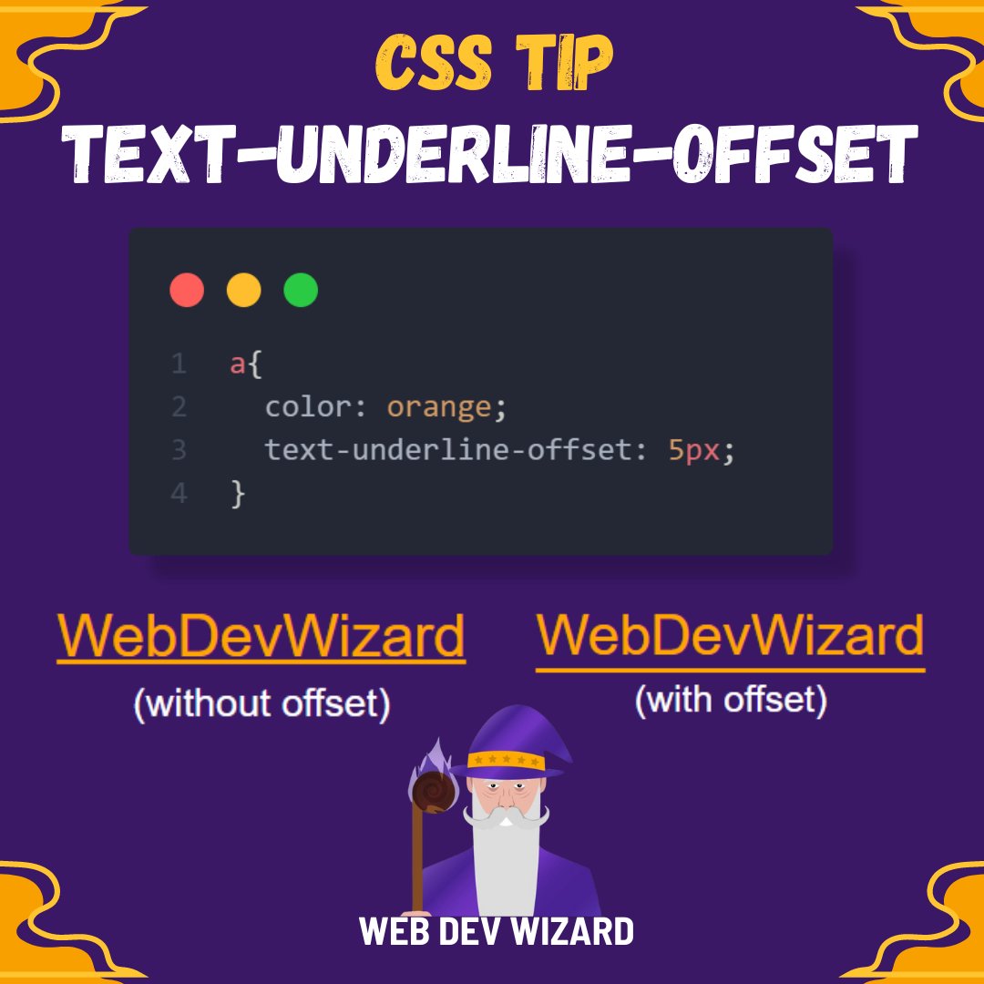 WebDevWizard0's tweet image. CSS Quick Tip💡
The text-underline-offset CSS property sets the offset distance of an underline text decoration line 🚀