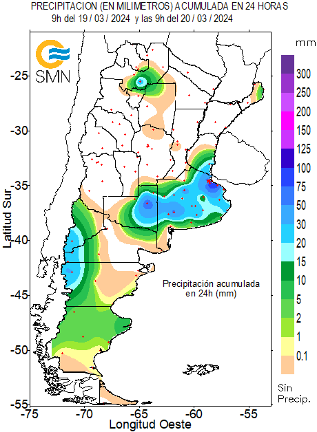 SMN_Argentina's tweet photo. ☔ Precipitaciones acumuladas (en mm) hasta las 9 h:

Ezeiza 103
Campo de Mayo 90
La Plata 86
Santa Rosa 69
Moreno 64
Cnel. Suárez 57
El Palomar 50
Aeroparque 48
Morón 47
9 de Julio39
Buenos Aires 38
Merlo (BA) 32
Esquel 31
Benito Juárez 29
Chapelco 29
Azul 28
El Bolsón 28 https://t.co/rsxSgdp67A