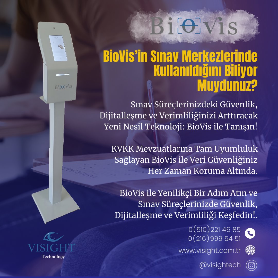 BioVis, işe alım, yetenek/yetkinlik değerlendirme ve belgelendirme sınavları gibi süreçlerinizde sınava girecek adaylarınızın kimlik doğrulama süreçlerini otonom, dijital ve güvenilir bir şekilde yönetmenize olanak tanımaktadır.

#VISIGHTTeknoloji #BioVis #KimlikDoğrulama