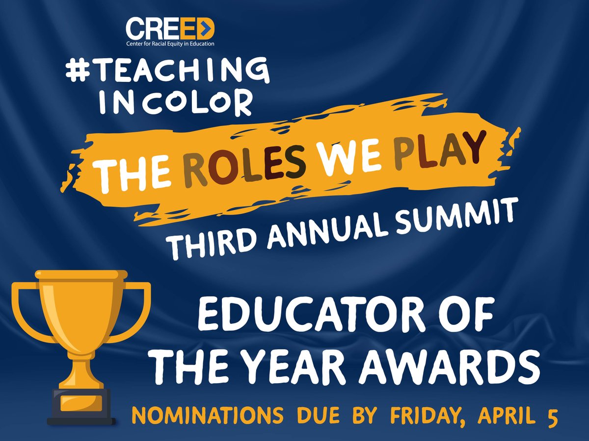 CREED_NC's tweet photo. Do you know an outstanding educator of color in North Carolina? Nominate them for our Educator of the Year Awards! 👨🏽‍🏫🏆

These three awards will honor outstanding educators of color, including teachers, school staff, and administrators. 

🔗https://t.co/jy3c1VjHQ4 https://t.co/i6VaaRULNo