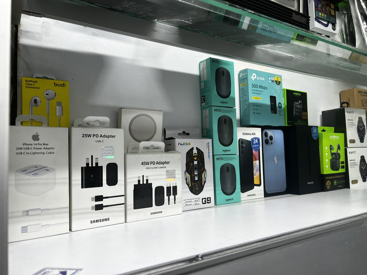 For 
Headphones 
Keyboard 
Airbuds and AirPods
Mouse
25w, 45w and 65w type c chargers 
Smart watches 
Visit us 
The bazaar , 11th floor suite 1110.
Call 070731134.

We deliver countrywide