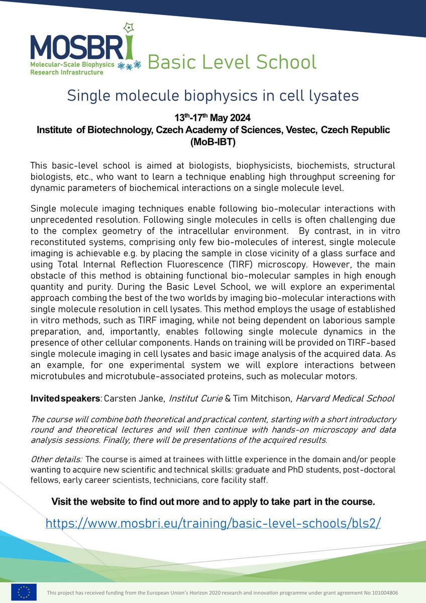 MOSBRI (@mosbrieu) on Twitter photo Would you like to learn a technique that enables HT screening of biochemical interactions at the single molecule level? Join us May 13- 17 2024 at <a href="/IBT_CAS/">Institute of Biotechnology</a> Czech Academy of Sciences in Vestec🇨🇿 and get hands-on training on TIRF-based single-molecule imaging in cell lysates! Would you like to learn a technique that enables HT screening of biochemical interactions at the single molecule level? Join us May 13- 17 2024 at <a href="/IBT_CAS/">Institute of Biotechnology</a> Czech Academy of Sciences in Vestec🇨🇿 and get hands-on training on TIRF-based single-molecule imaging in cell lysates!
