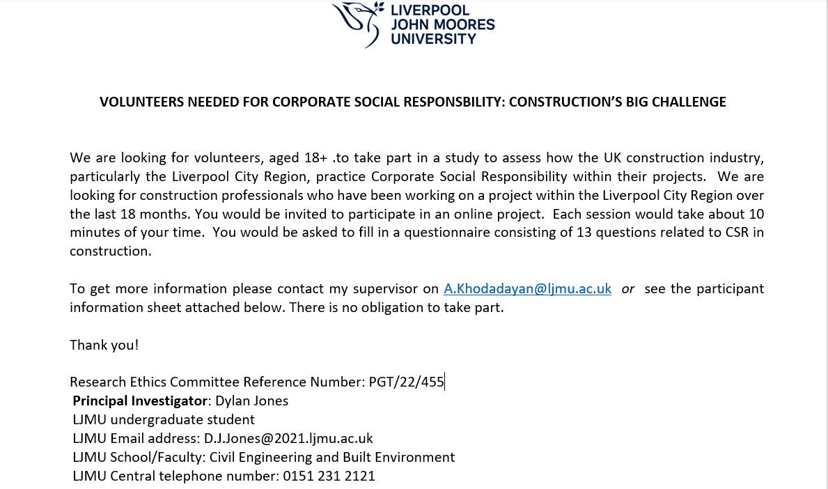 Dylan02Jones's tweet photo. If you are working in construction within the Liverpool City Region, it would be appreciated if you could assist be with my dissertation by answering the questionnaire linked. https://t.co/414oCoe1KQ https://t.co/8SMcAllV15