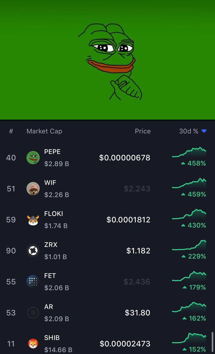 $PEPE the best performing top 100 coin for the month! All you had to do was just hold. 🐸🐆🐸