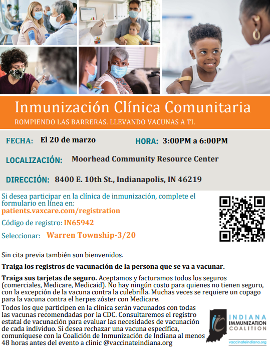 MSD Warren Township & Indiana Immunization Coalition host a free clinic for school-age children's immunizations today, 3-6 PM at Moorhead Community Resource Center. Families should pre-register at patients.vaxcare.com/registration with code IN65942 for Warren Schools-3/20.