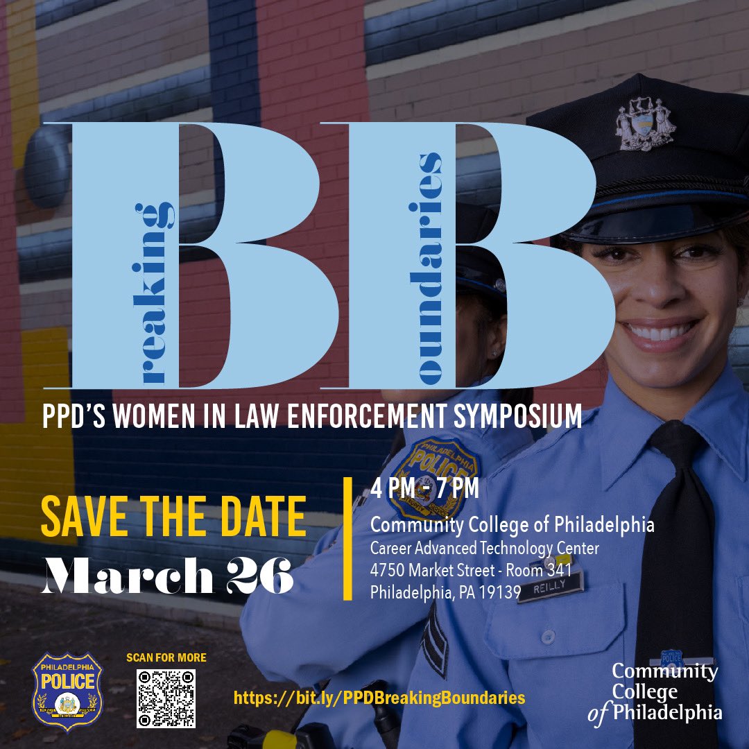 PPDRecruiting (@ppdrecruiting) on Twitter photo Calling all future leaders! Join <a href="/PhillyPolice/">Philadelphia Police Department</a> & @CCPEdu for a Law Enforcement Symposium on March 26th (4-7 PM) designed to inspire women in law enforcement careers. Hear from female officers & learn about exciting opportunities!
Scan the QR Code to register! <a href="/PPDVJohnson/">Verdell Johnson</a> Calling all future leaders! Join <a href="/PhillyPolice/">Philadelphia Police Department</a> & @CCPEdu for a Law Enforcement Symposium on March 26th (4-7 PM) designed to inspire women in law enforcement careers. Hear from female officers & learn about exciting opportunities!
Scan the QR Code to register! <a href="/PPDVJohnson/">Verdell Johnson</a>