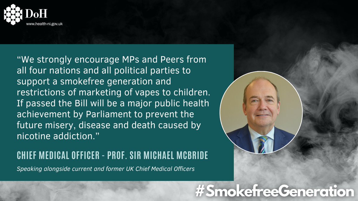 The Chief Medical Officer has backed calls to create a #SmokefreeGeneration under new legislation 🚭 Professor Sir Michael McBride joined with other UK Chief Medical Officers to back the proposed bill 📜 ➡️Read more here: gov.uk/government/new…