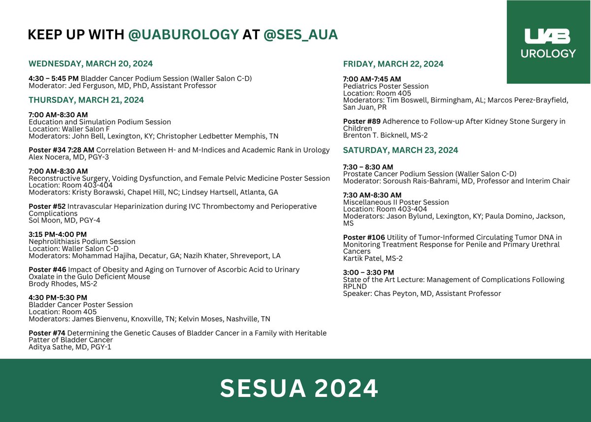 Keep up with @UABUrology @UABUroResidents & @UABHeersink at @SES_AUA this week: Stop by and say hi!🩺⚕️👩‍🔬 #MedTwitter #UroSoMe