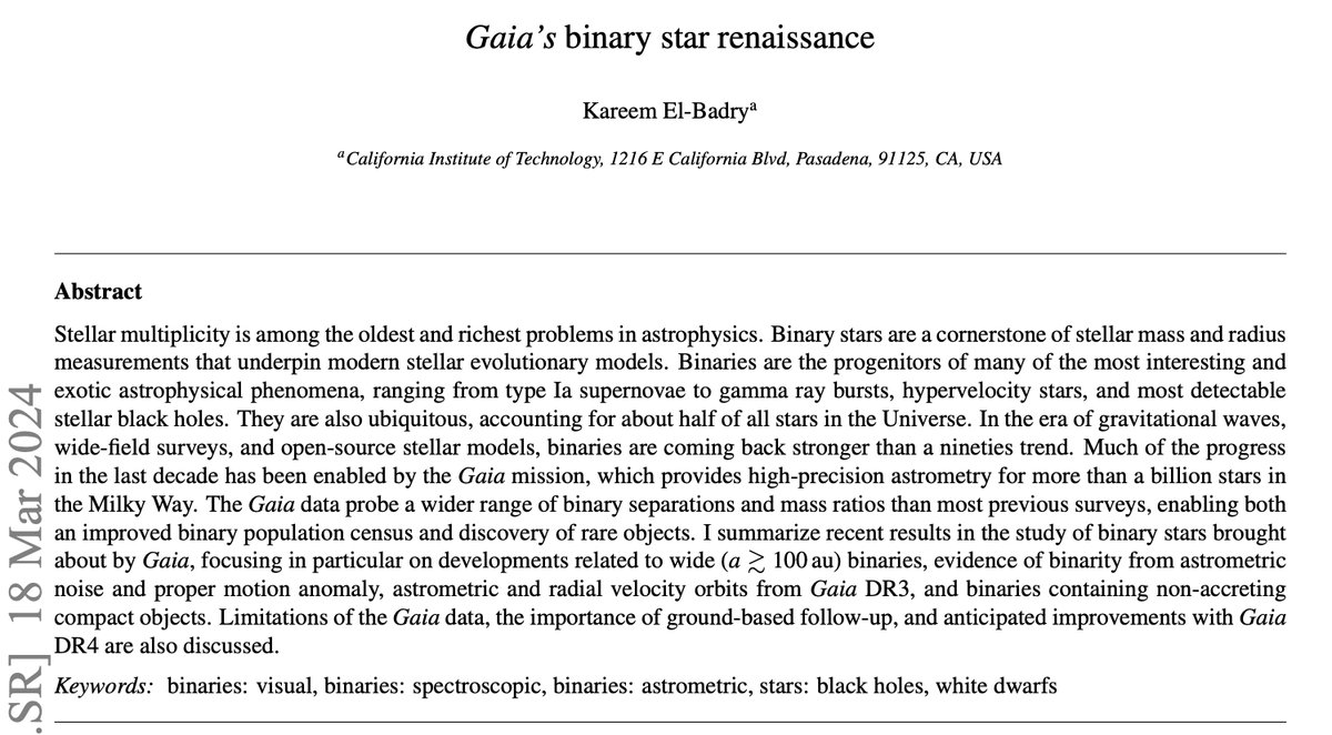 Binary stars: coming back stronger than a 90s trend (I wrote a review on what @ESAGaia has done for the binary star field over the last decade.) arxiv.org/abs/2403.12146