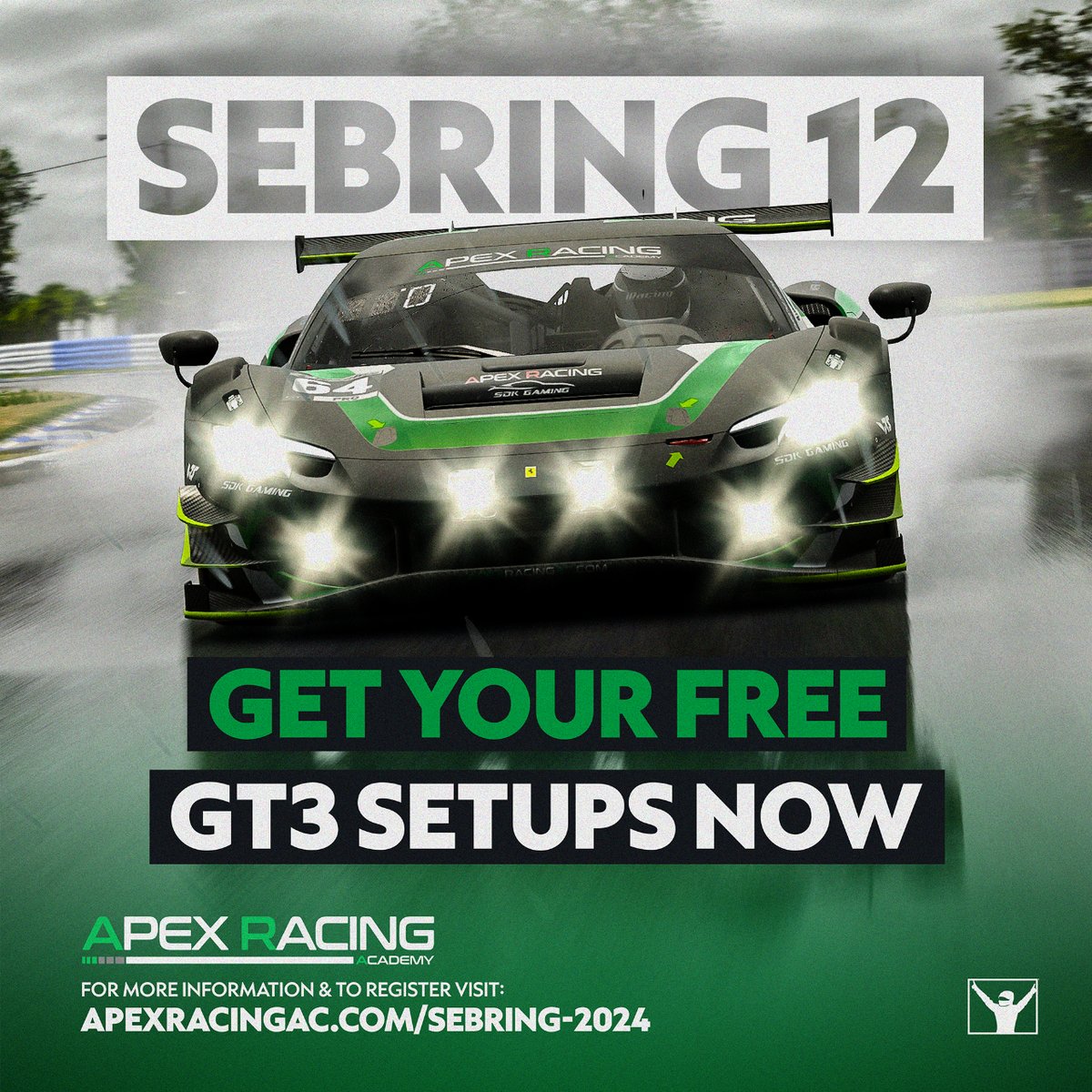 The @iRacing Sebring 12 is just around the corner! 🇺🇸 ✅ Free GT3 setups for wet & dry ✅ EXCLUSIVE video track guide 💸 35% discount code! 🔗 apexracingac.com/sebring-2024/ #apexracingacademy #iracing #simracing