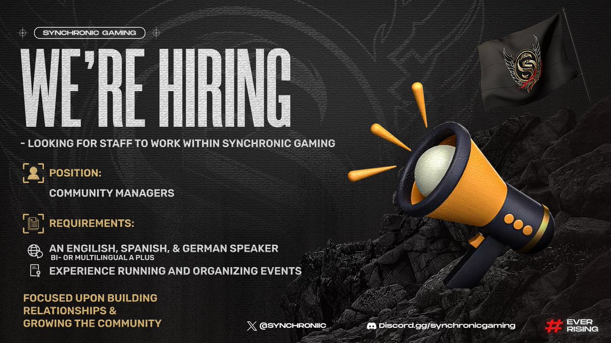 We are actively looking for community managers to be apart of our future projects If youre interested, join the discord and open a ticket discord.gg/synchronicgami… $10 paypal giveaway when positions are filled #hiring To enter the giveaway 1️⃣ Like and Retweet 2️⃣ Tag 2 friends