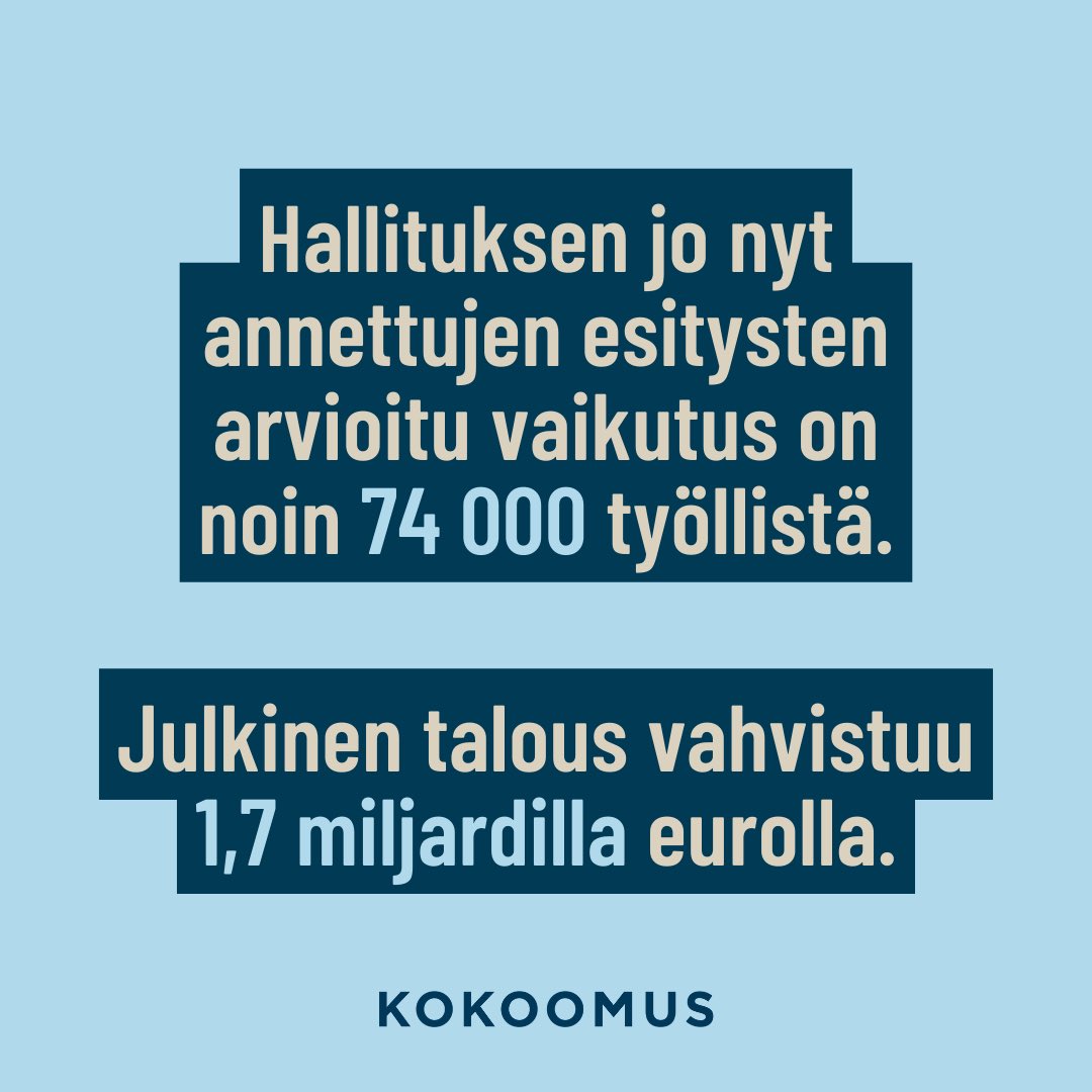 Hyviä uutisia: hallituksen jo nyt eduskunnalle antamien lakiesitysten arvioitu vaikutus on 74 000 työllistä! Tällä on 1,7 miljardin euron vahvistava vaikutus julkiseen talouteen. Hyvinvointiyhteiskuntamme turvataan työnteolla, ja siksi tämä on erinomainen uutinen Suomelle. 🇫🇮
