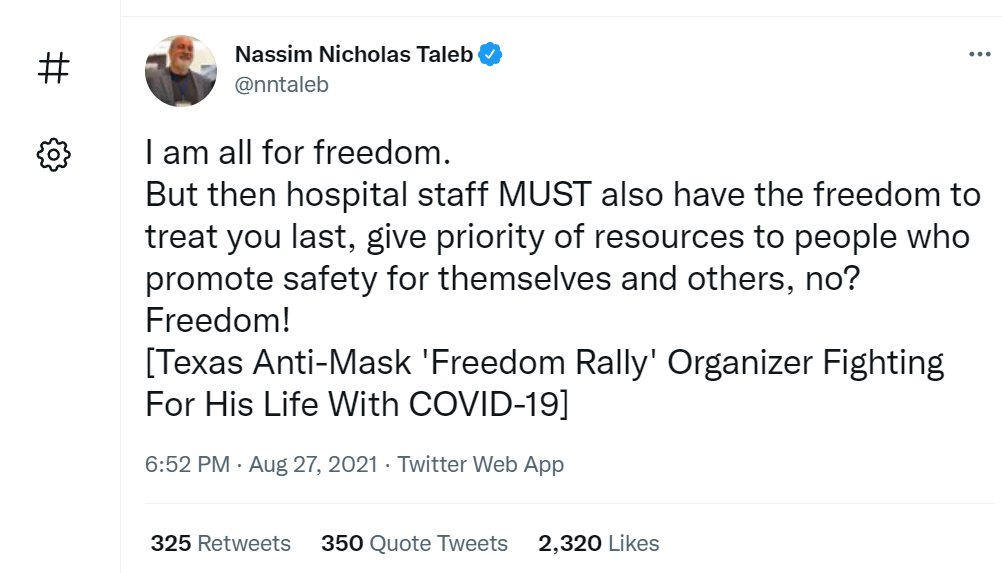 Beware of False Self-delusional Prophets like Nassim Taleb After Taleb advocated 'DISCRIMINATION' against the unvaxxed (which he later deleted but documented below), he BLOCKED me (like he did to @MarkChangizi) when I earnestly asked him why he doesn't apply his 'Skin in the…