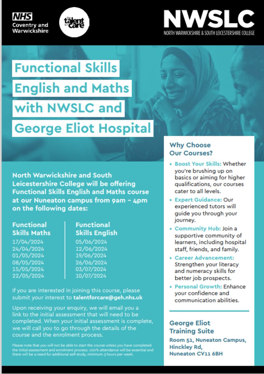 🔜 George Eliot Hospital are running Functional Skills - Maths and English partnered with NWSLC!

Are you looking to boost your skills? Wther you'd like to improve on your basics or aiming to higher qualifactions out course caters for all ablities. 
#GEH 
#FunctionalSkills
#NWSLC