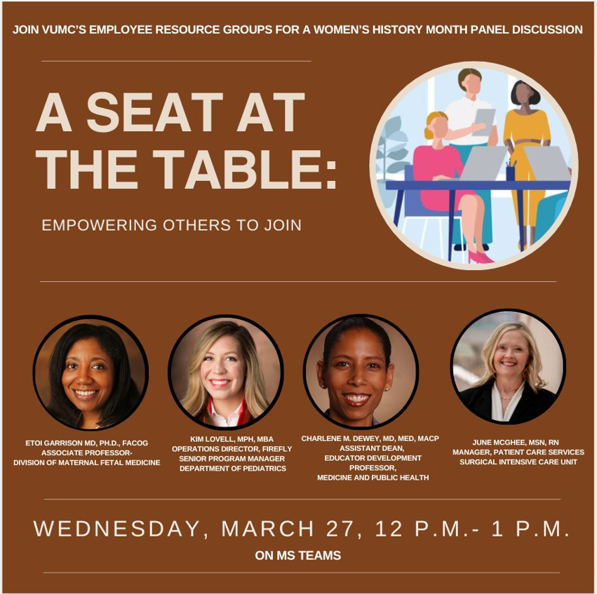 An ERG Collaborative Event ✨ A Seat at the Table: Empowering Others to Join March 27 | 12-1PM Registration can be found on our website: vumc.org/diversity-incl…