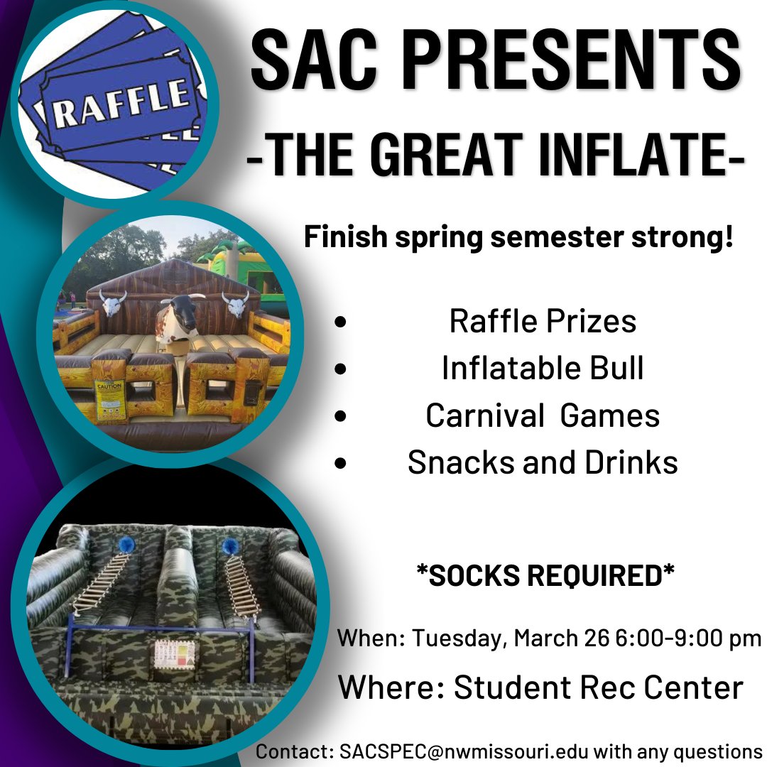 What's next on SAC's calendar... AN EVENING OF INFLATABLES!! Next Tuesday in the Student Rec Center from 6-9pm! You definitely want to be there!