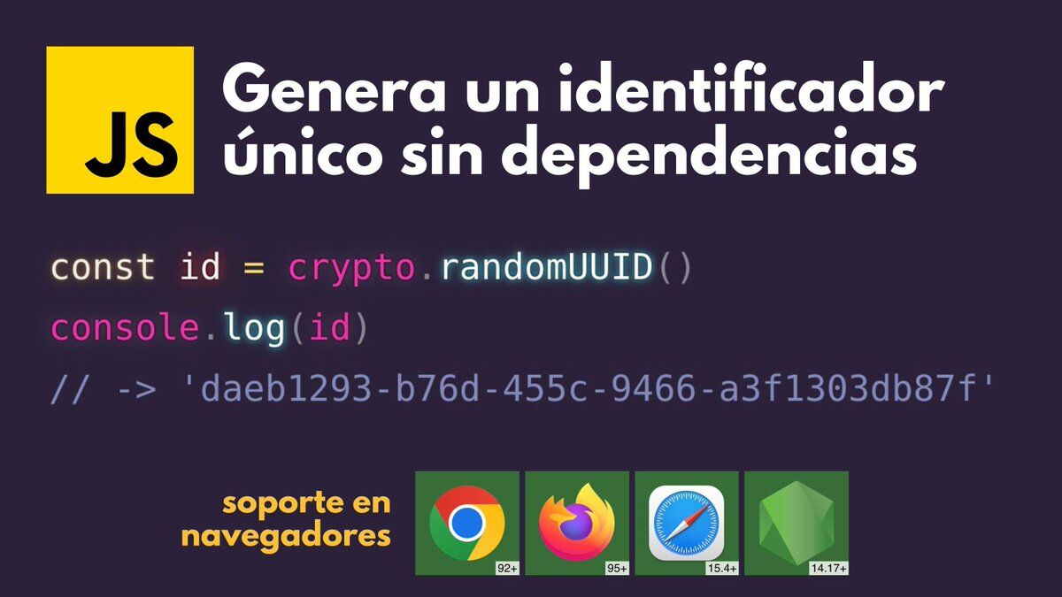 Genera IDs aleatorias en JavaScript... ¡Sin dependencias! Con crypto.randomUUID  ✓ Devuelve un UUID v4 ✓ Usa un generador criptográfico seguro ✓ Disponible  en todos los navegadores modernos ✓ Compatible con Node.js y