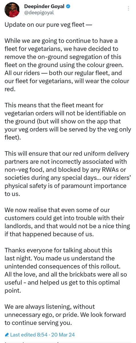 We welcome the @zomato CEO's @deepigoyal decision to remove the different colour code for its newly launched 'Pure Veg Fleet'. We continue to ask: #Zomato in the future also take customer feedback about who can deliver their food and who cannot? Read our PRESS NOTE 👇