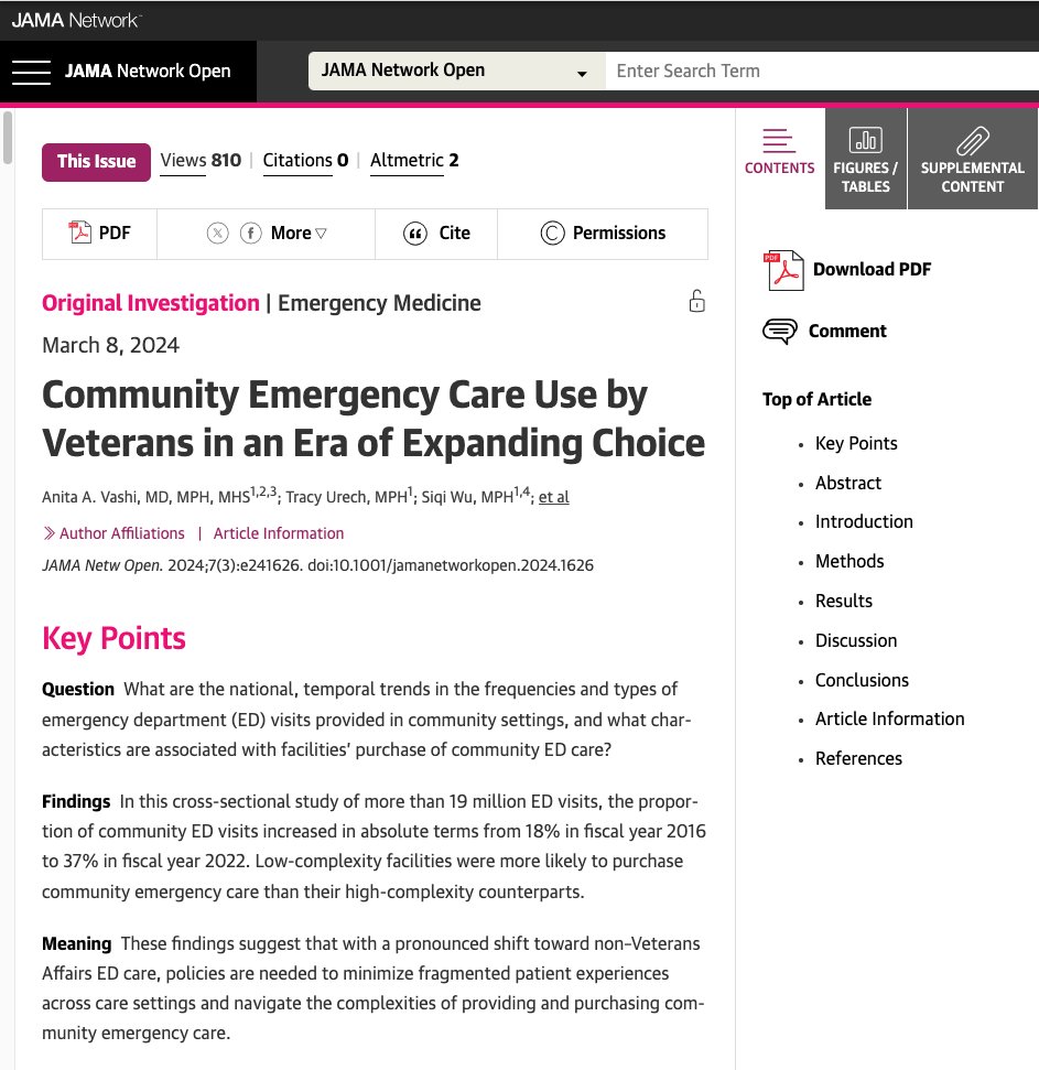 Emergency care now encompasses over one-third of VA's total community care expenditure. Important data in a new @JAMANetworkOpen pub from from @avashi, T Urech, and S Wu of @Ci2iVA and L Tran of @herc_va. jamanetwork.com/journals/jaman…