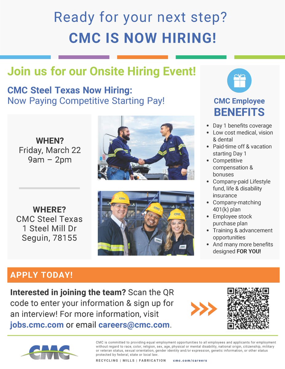 Attention job seekers! CMC Steel Texas is hosting a hiring event this Friday, March 22 from 9 AM - 2 PM at the CMC Steel Texas facility located at 1 Steel Mill Drive in Seguin.