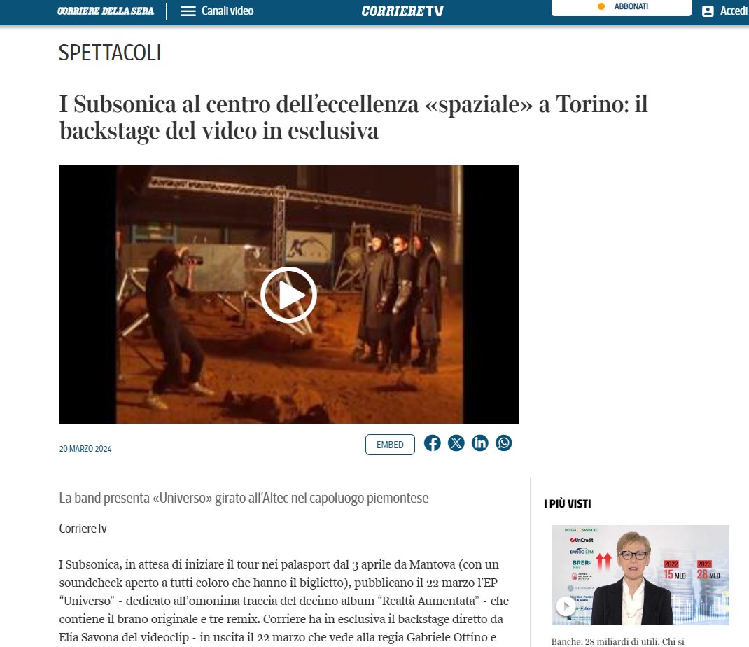 I Subsonica al centro dell’eccellenza «spaziale» a Torino: il backstage del video in esclusiva - Corriere Tv video.corriere.it/spettacoli/i-s…