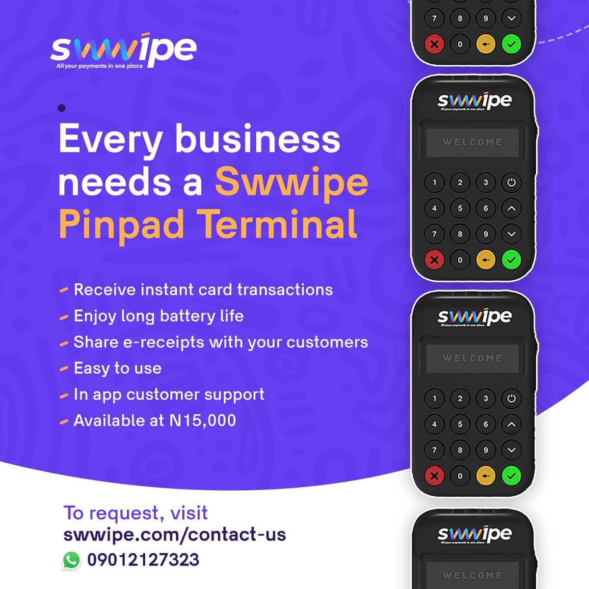 Why settle for less when you can have the best? With Swwipe Pinpad Terminal, you will never miss a sale. Receive instant card transactions, enjoy long battery life, no sales target, share e-receipts with your customers and so much more. 

Get yours today at just N15,000! Visit