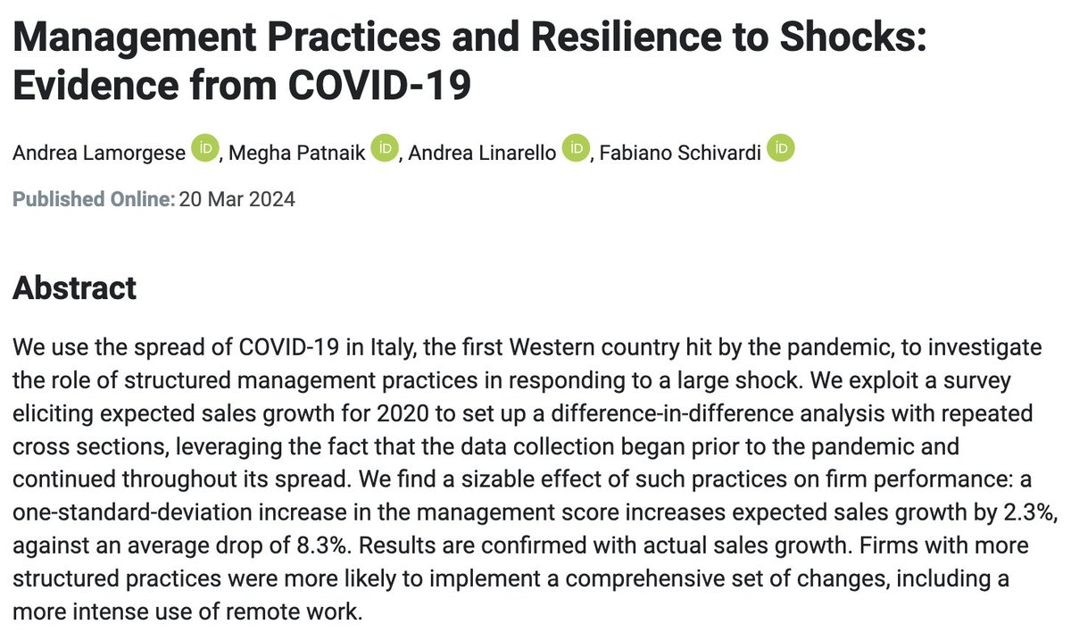 Our paper "Management Practices &amp; Resilience to Shocks: Evidence from COVID-19" published in Management Science <a href="/INFORMS/">INFORMS</a> 📚 Grateful for a superb experience with editor <a href="/agambardella61/">Alfonso Gambardella</a> &amp; the support from <a href="/ERC_Research/">European Research Council (ERC)</a>

Link: bit.ly/49YMiFy

<a href="/AndreaLamorgese/">Andrea Lamorgese</a> <a href="/ALinarello/">andrea linarello</a>