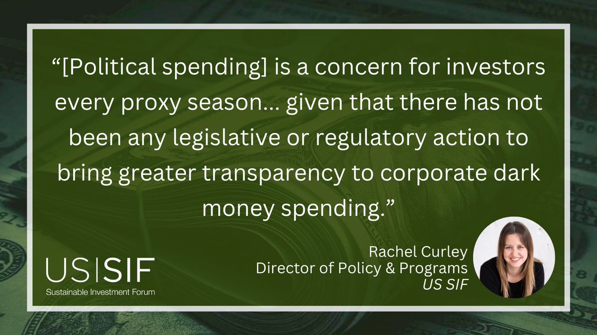 "Investors are looking to ensure that their company's political activity is fully disclosed," <a href="/rachEcurley/">Rachel Curley</a>, Director of Policy and Programs at <a href="/US_SIF/">US SIF</a>. tinyurl.com/3vvmu6xn <a href="/esg_investor/">ESG Investor</a> <a href="/Emmy_hawker/">Emmy Hawker</a>