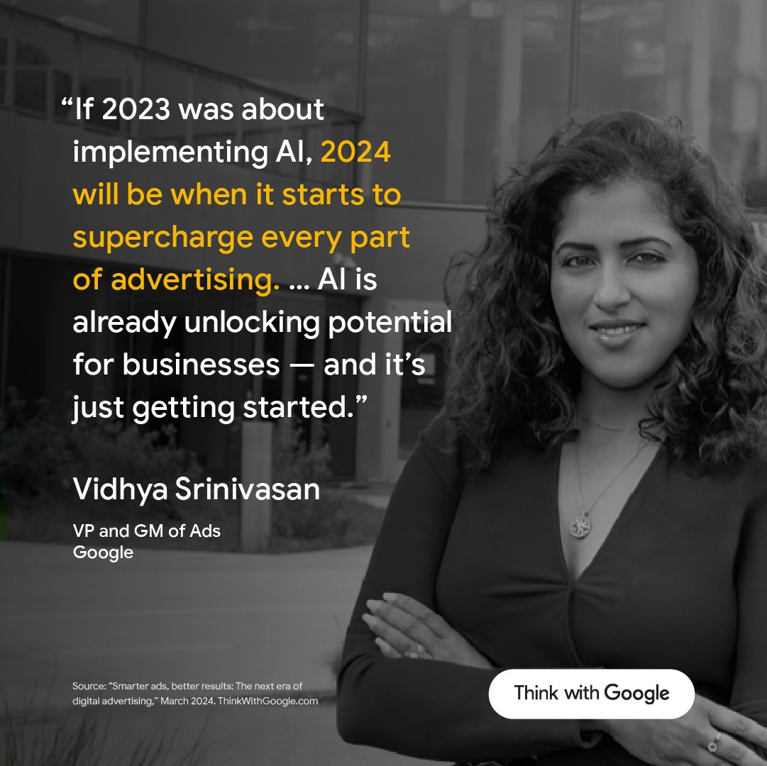 Smarter ads = better business outcomes, and AI makes it all possible. Vidhya Srinivasan, VP and GM of Ads, shares how AI is shaping the next era of digital advertising. goo.gle/4aEoiYj