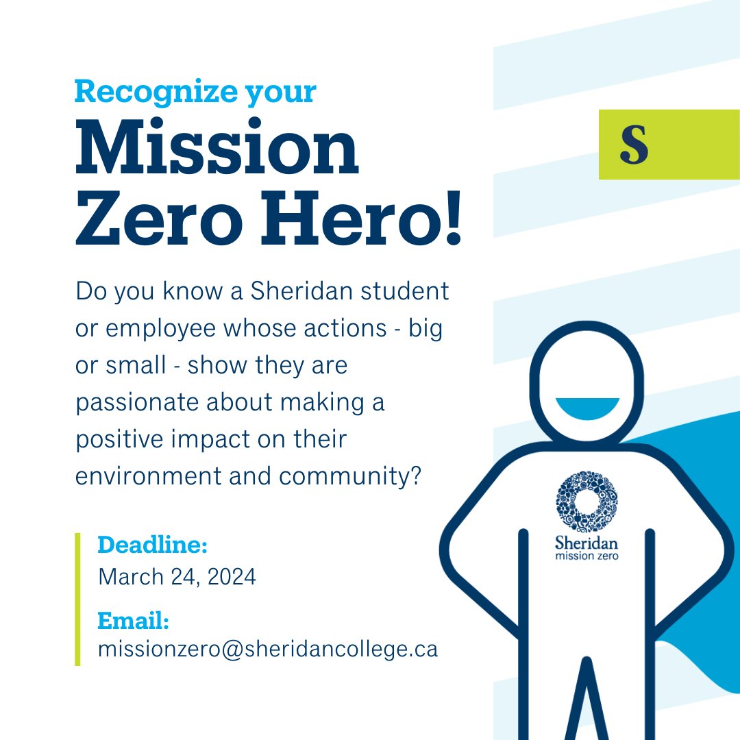There’s still time to nominate your <a href="/mssnzero/">Sheridan Mission Zero</a> Hero!

Visit Sheridan Central before Sunday March 24 to recognize a classmate, colleague, professor or student that inspires you with their commitment and passion for our planet: central.sheridancollege.ca/announcements/…