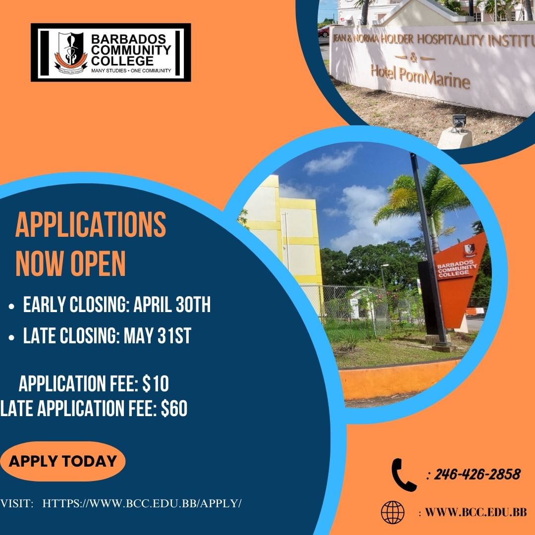 Apply today for the 2024-2025 academic year. Choose from a suite of bachelor or associate degrees or register for diploma or certificate courses if you require a shorter period of study. Let the BCC help to prepare you for your future.

Apply today at bcc.edu.bb/Apply/