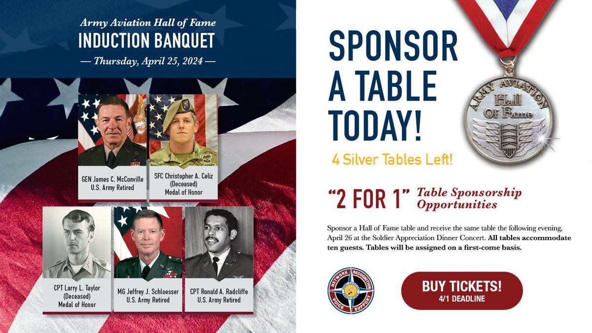 Be a part of something extraordinary by sponsoring a table at the Army Aviation Hall of Fame event. Your support not only honors the remarkable achievements of our inductees but also contributes to the preservation of their legacy for posterity. #24Summit