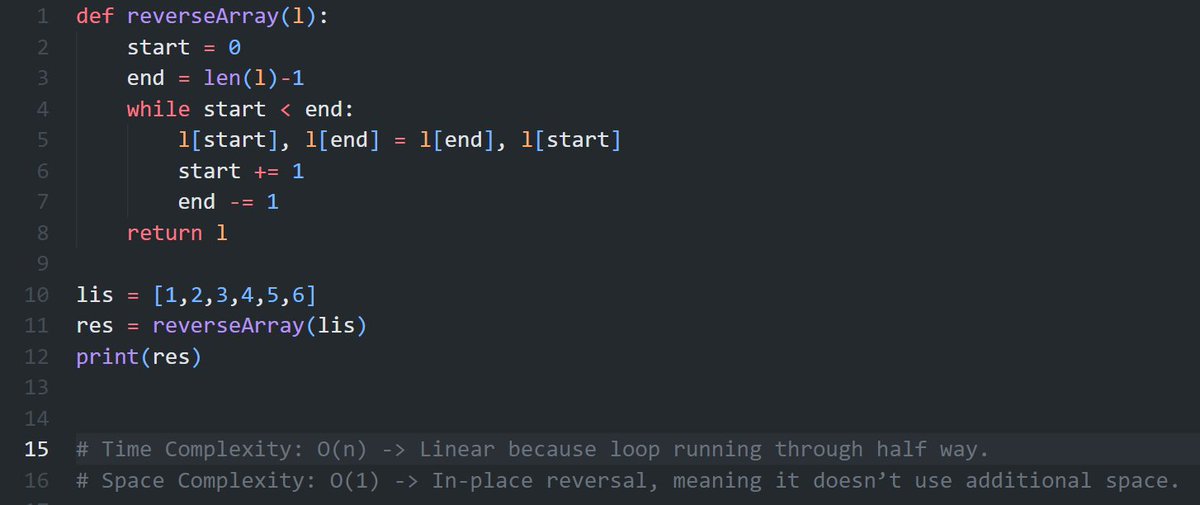Hi, Developer community

Today I learnt DSA problem "Reverse Array" in Python language.

Approach: (In-place)
1. Iterate through the array using two pointers (start and end)
2. Swap the element at index start and end.
3. Increment start and decrement end until they meet or cross.