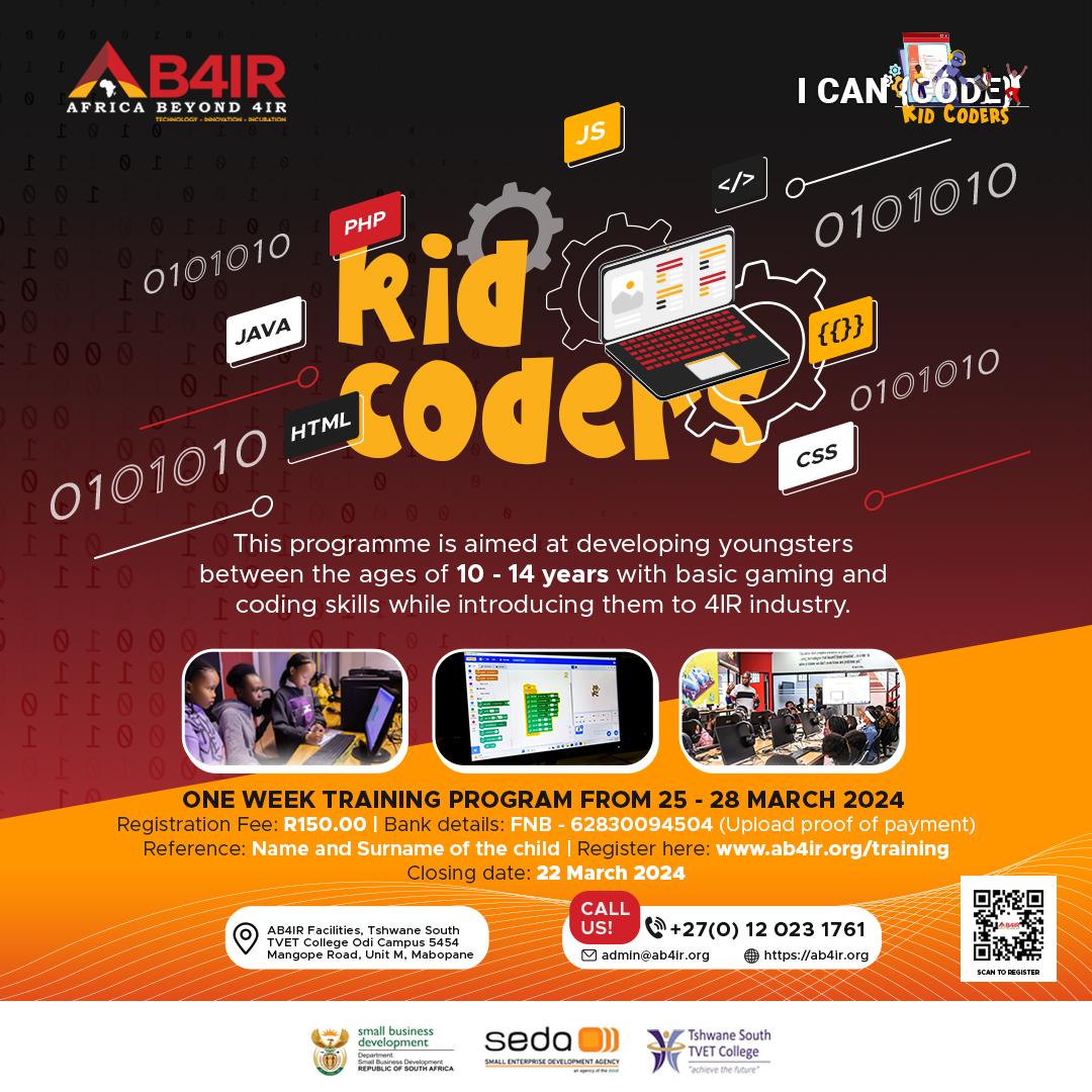 ab4_ir's tweet image. Don't miss your chance to empower your child with essential coding and game development skills through Kid Coders. Secure their spot now!
Click the link to register for just R150: lnkd.in/drgyk2r
#ab4ir #KidCoders #CodingForKids #GameDevelopment #LimitedSpace