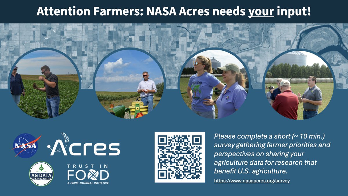 Calling all farmers! Please fill out this 10 minute survey on farmer priorities and perspectives on sharing agriculture data
farmjournal.iad1.qualtrics.com/jfe/form/SV_5v…
This survey is in partnership with NASA Acres and <a href="/AgDataTE/">Ag Data Transparent</a> and is administered by <a href="/TrustInFoodFJ/">Trust In Food™</a>
🛰️👩‍🌾🤝