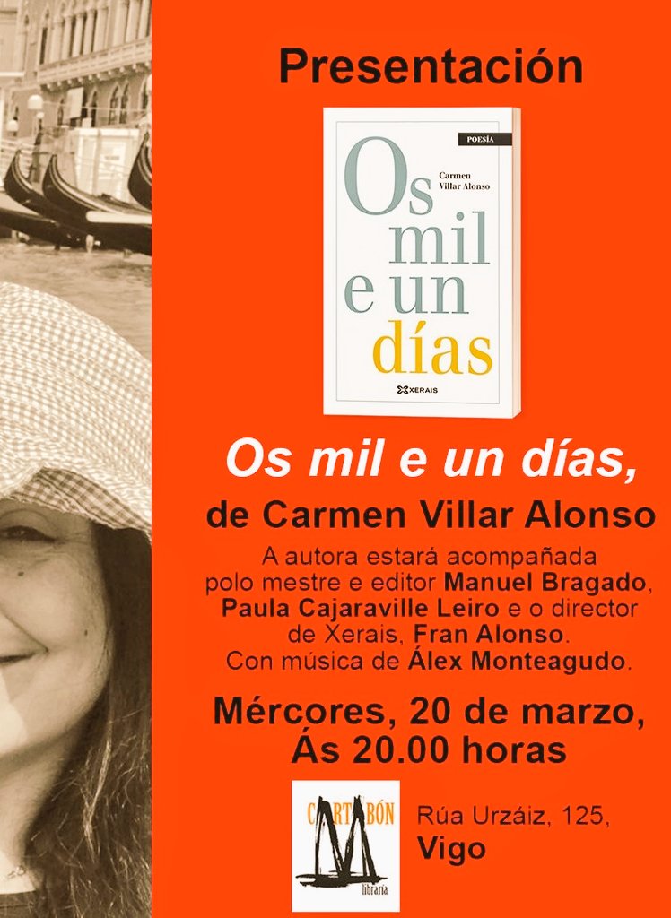 🌙☀️#1001días
Ás oito, hoxe, na <a href="/Cartabon_Libr/">Libraría Cartabón</a> de Vigo, estará Carmen Villar (<a href="/CarmedeMilmanda/">a Carmen Villar</a>) presentando as contos e poesías do seu libro «Os mil e un días» (<a href="/Xerais/">Xerais</a>, 2023). Acompañarana #PaulaCajaraville @FranAlonso e @Bretemas. #ÁlexAlonso🎸 á guitarra