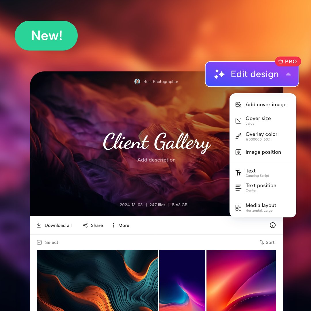 NEW feature - customisable galleries! Now, you can effortlessly create stunning galleries to showcase your content in style! ❗Available for PRO users, and there's a trial period running until April 30th for anyone! 📺 Watch DEMO video here: files.fm/f/xz3efrkj6p