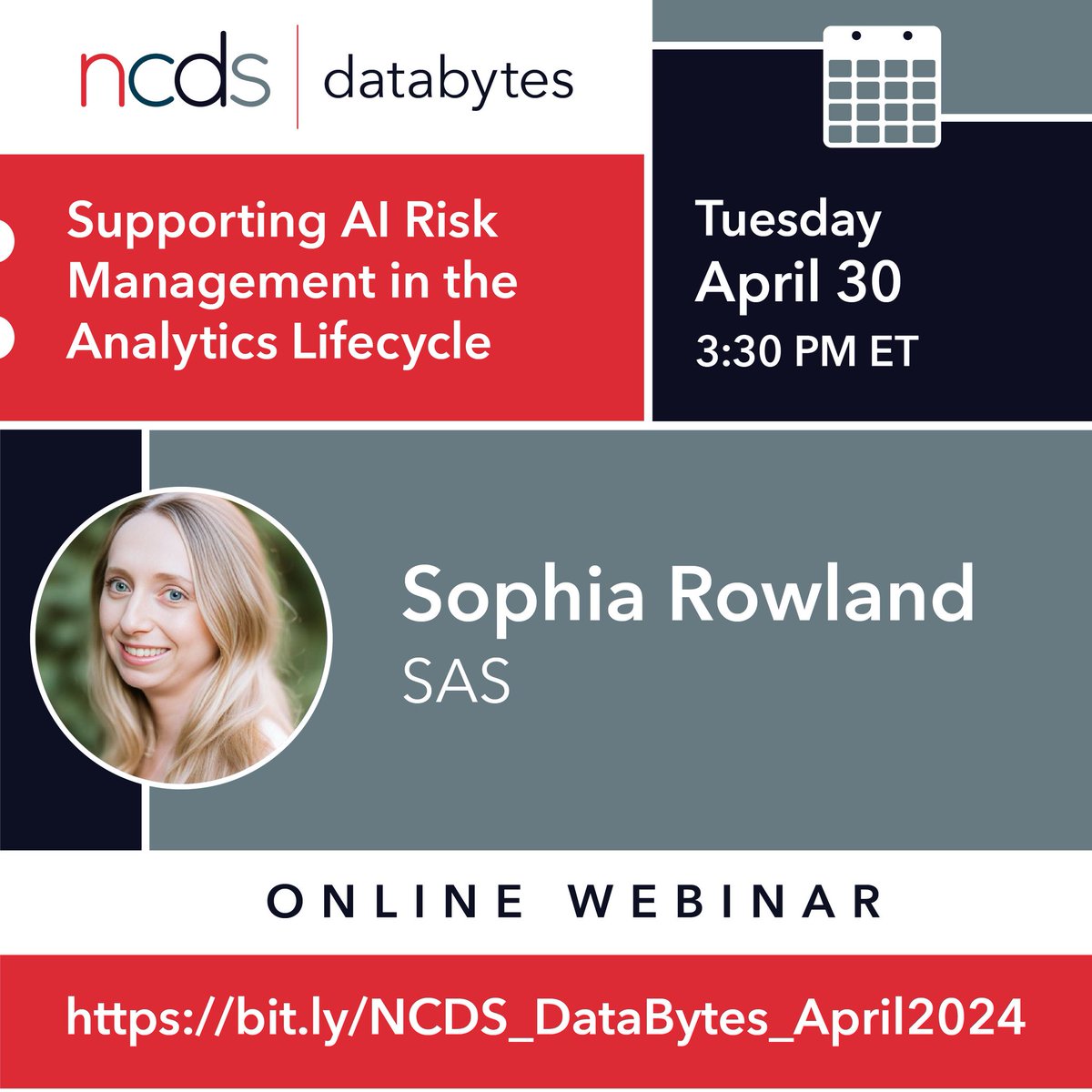TheNCDS's tweet photo. #TheNCDS will host its next #DataBytes #webinar on April 30 at 3:30 PM ET. Sophia Rowland from @SASsoftware will present "Supporting #AI #RiskManagement in the #AnalyticsLifecycle." #analytics #datascience #dataanalytics #governance #trustworthyAI
https://t.co/oOUDxBZfoh https://t.co/4h7WHTzX4O