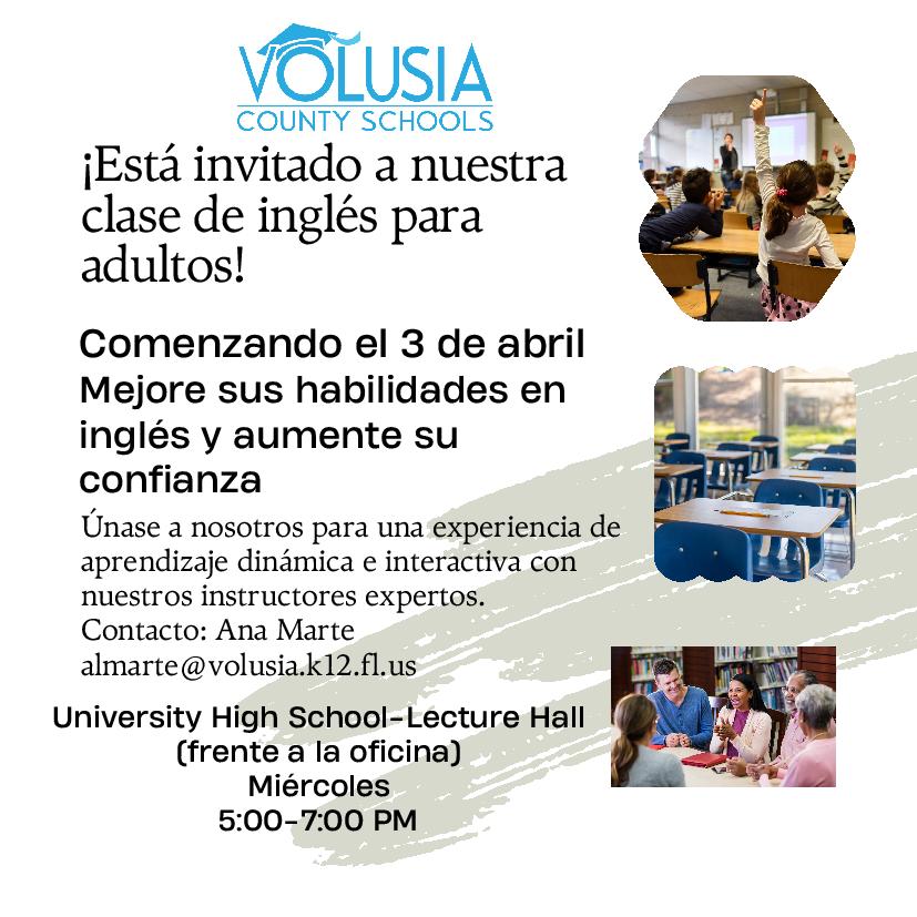 Join our adult English class starting Wednesday, April 3, 2024, at <a href="/UHSTitans411/">Titans News NeTwork</a>! 📚 Improve your English skills and boost your confidence with our expert instructors. Don't miss out on this dynamic and interactive learning experience! See you there! <a href="/EsolVolusia/">VCS Multilingual Learners</a>