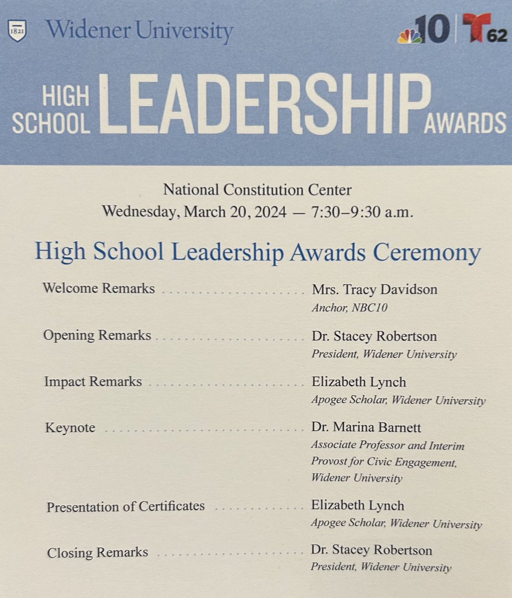 Congratulations to Mya Kleinschmidt for receiving the High School Leadership Award presented by Widener University at the National Constitution Center this morning.
