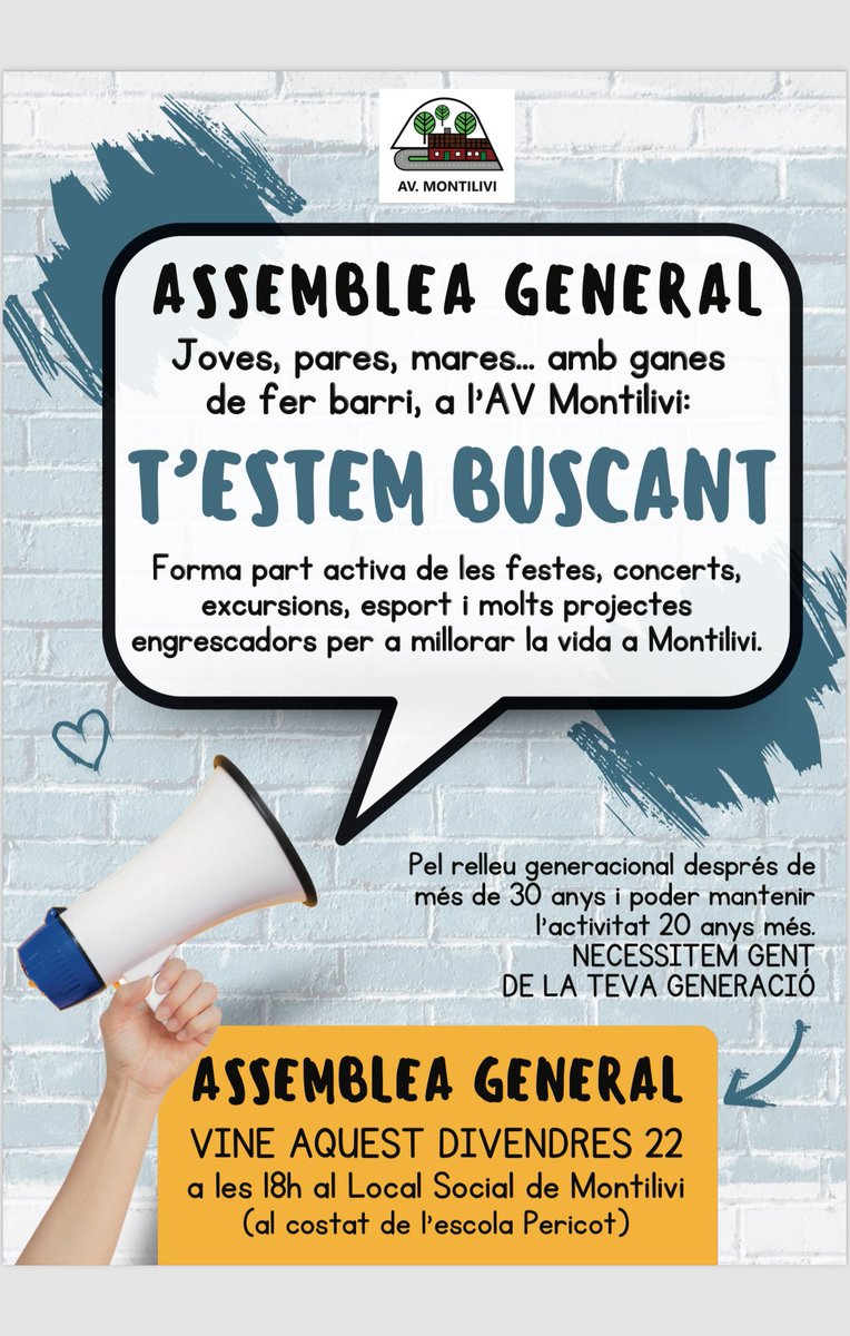 MONTILIVI, barri amicable i ple l’activitat: Carnaval, Sant Jordi, Festa Major, Marxa Popular, Tennis Taula, Escacs, Coral, Teatre, Havaneres, Sardanes, Fira de Nadal….
Necessitem col.laboradors! Veniu a l’Assamblea.
També podeu contactar-hi a través de avmontilivi@gmail.com